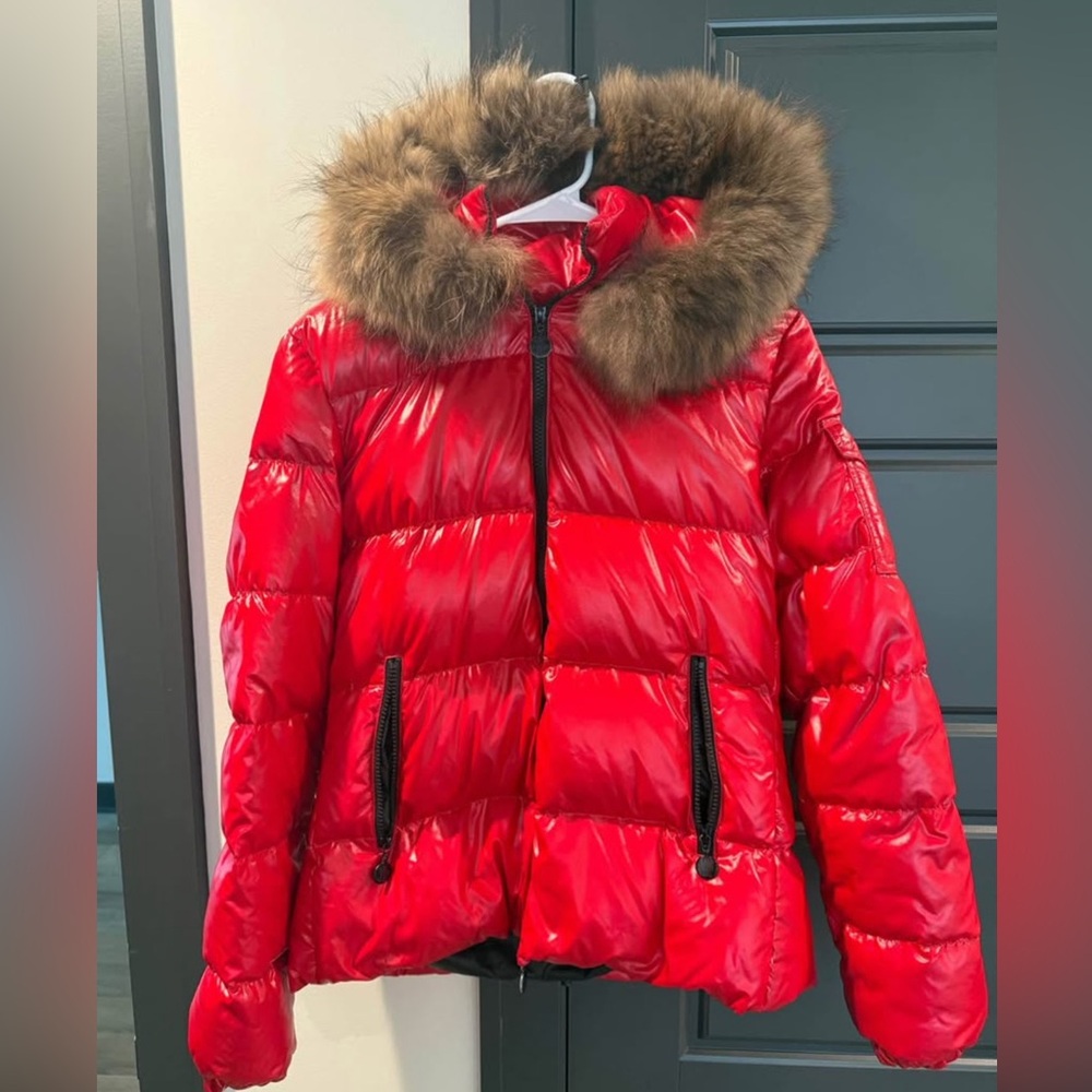 Moncler Shiny Red Jacket with Removable Fur Trimmed Hood